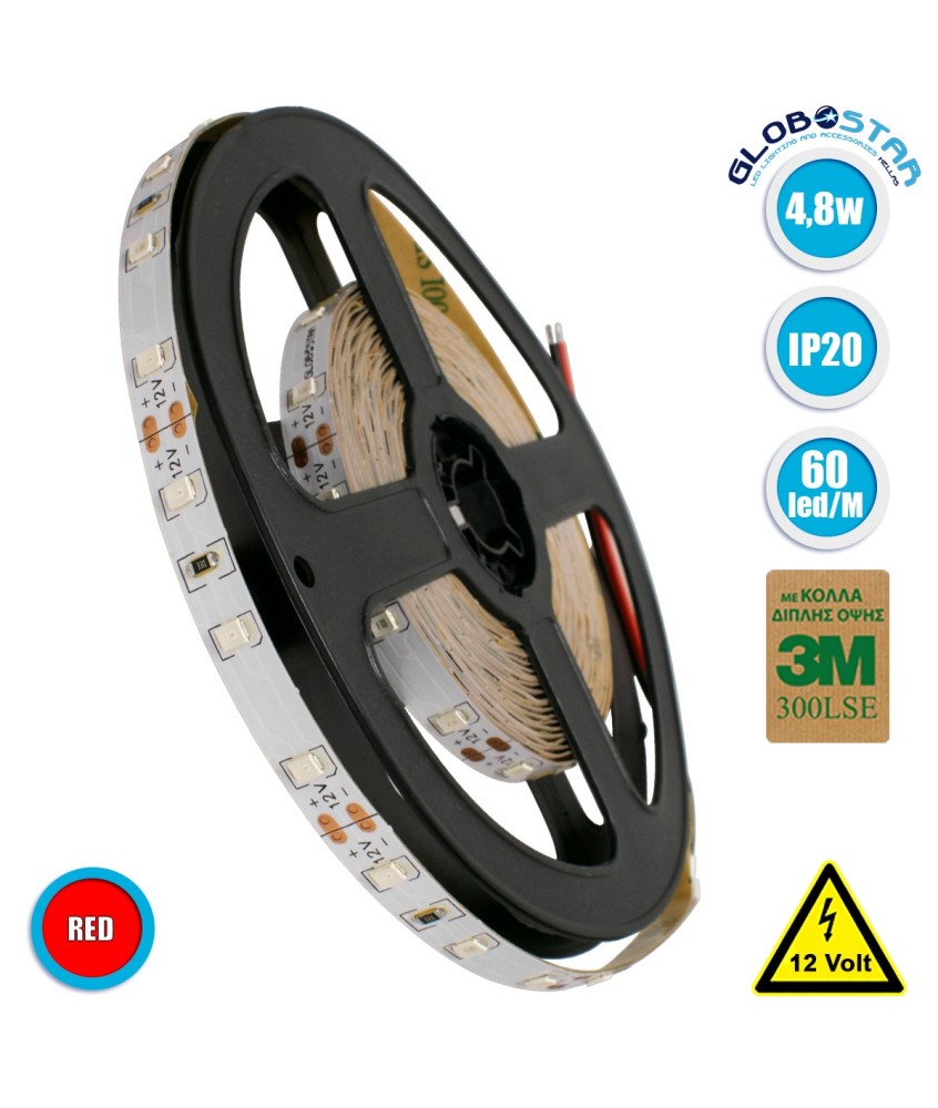 GloboStar® 70004 Ταινία LED SMD 2835 5m 4.8W-m 60LED-m 412lm-m 120° DC 12V IP20 Κόκκινο
